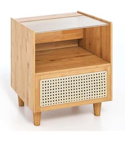 Amazon｜ソリッドウッドラタンベッドサイドテーブル ナイトテーブル